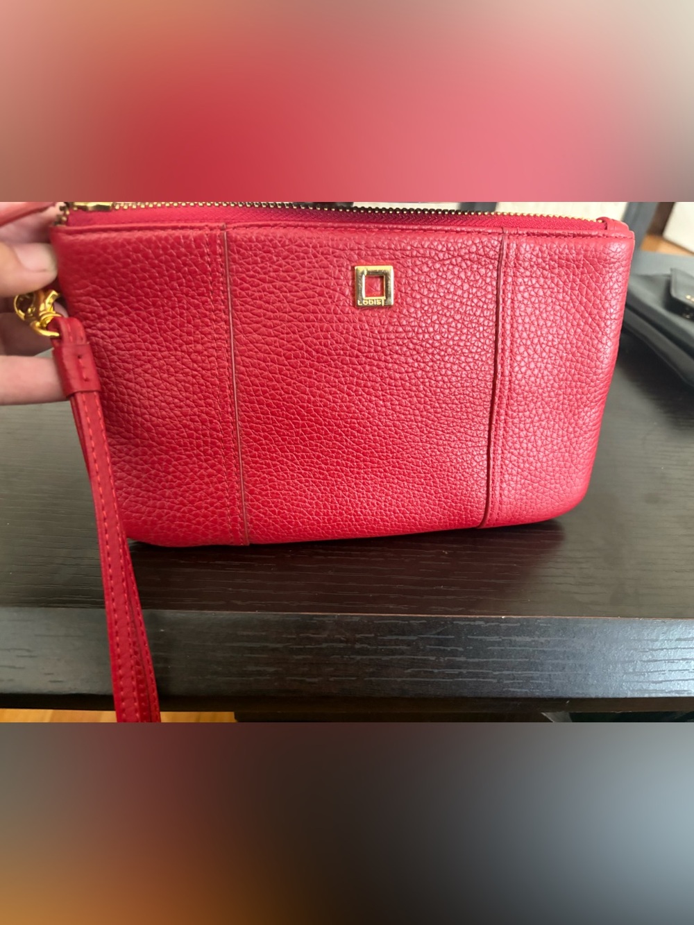 Lodis Pebbled Leather Red Wristlet Clutch with Gold Accent